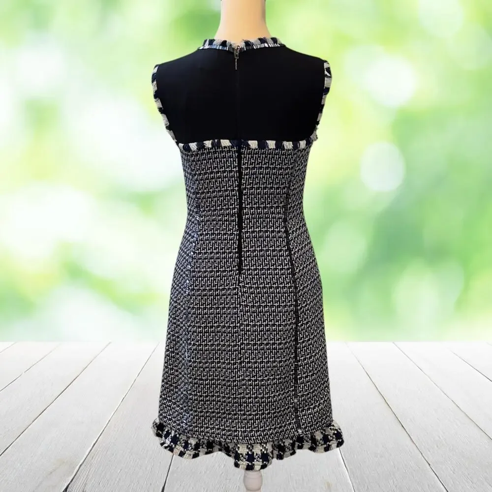 TORY BURCH Tweed Sheath Dress Mixed Media Fringe Beaded Seams Navy Cream Size 2